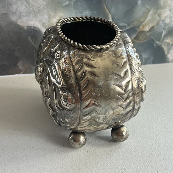 Open Salt Cellar Dish Repousse Floral Design 5.5"x6" - Picture 5 of 15